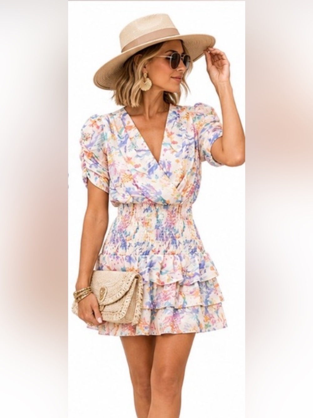 Amanda Uprichard Floral Mini Dress Pastel Watercolor Smocked Ruffle
Vneck Large